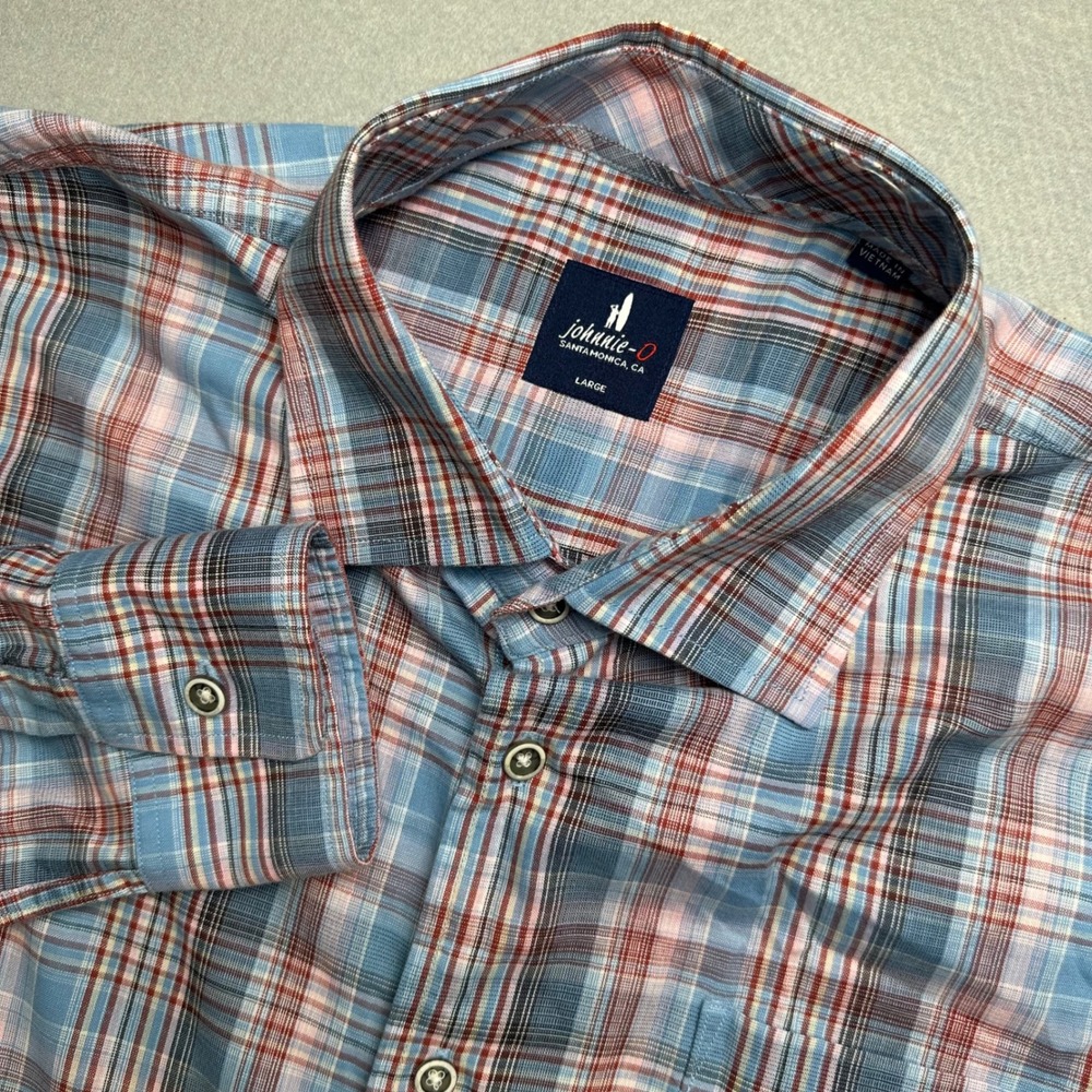 johnnie-O Enix Button Down Shirt Mens Large Wake Blue Red Plaid JMWL 8610